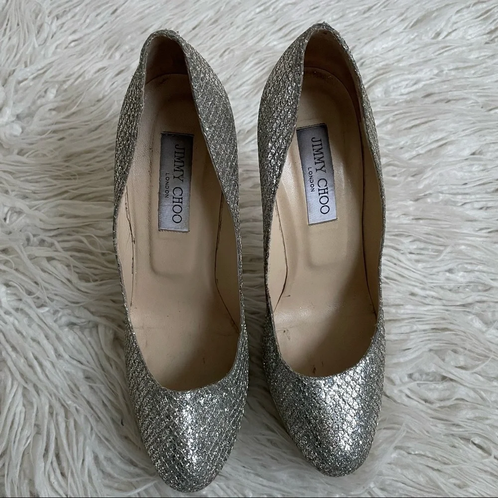 Jimmy Choo Silver Metallic Champagne Lamè Fabric Leather Alex Platform Pumps EUC